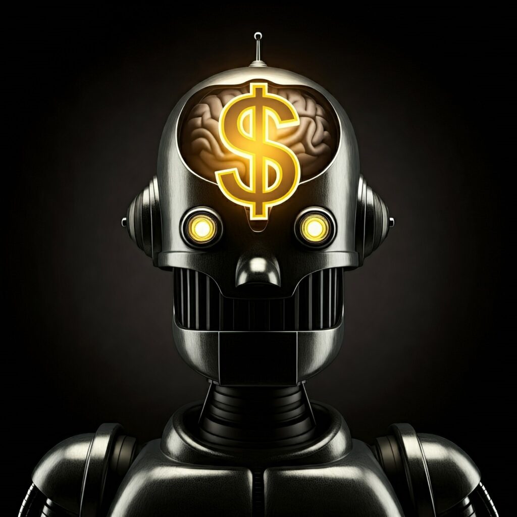 A metallic robot with a glowing yellow dollar sign for a brain
