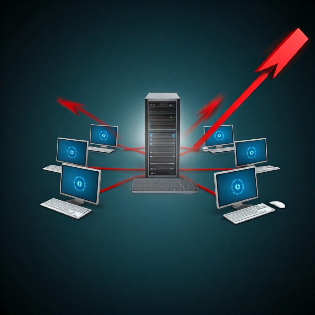 A visual representation of a DDoS attack, where a botnet overwhelms a server with traffic.