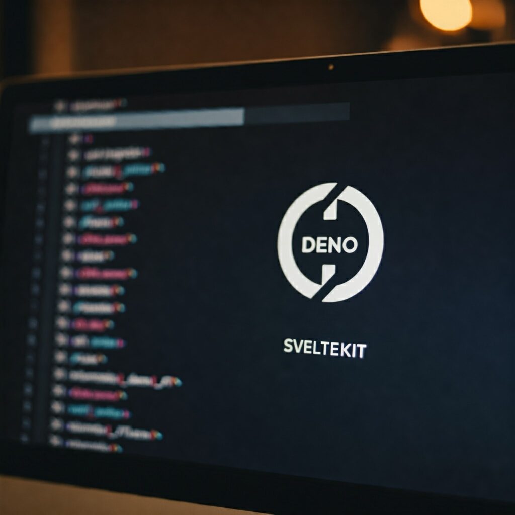 SvelteKit logo on a computer screen with Deno logo and code snippets, symbolizing the integration process.
