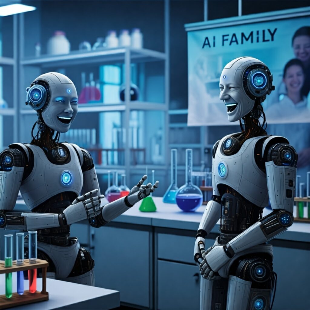 Two friendly robots with shiny metallic bodies are laughing and talking in a bright science lab. Lab equipment is visible behind them, and a banner on the wall reads 'AI family'.