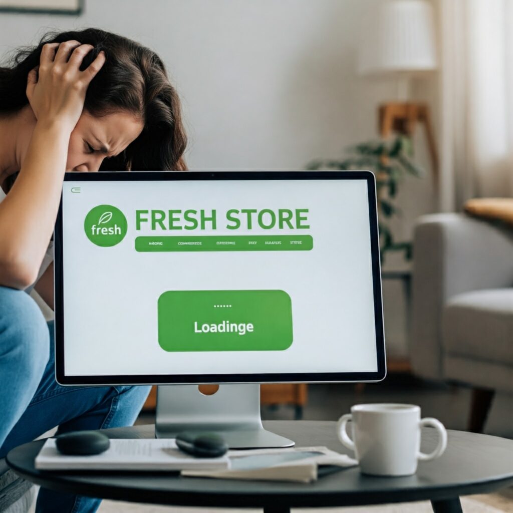 A frustrated woman with her hands on her head looking at a slow-loading ecommerce website on her computer.