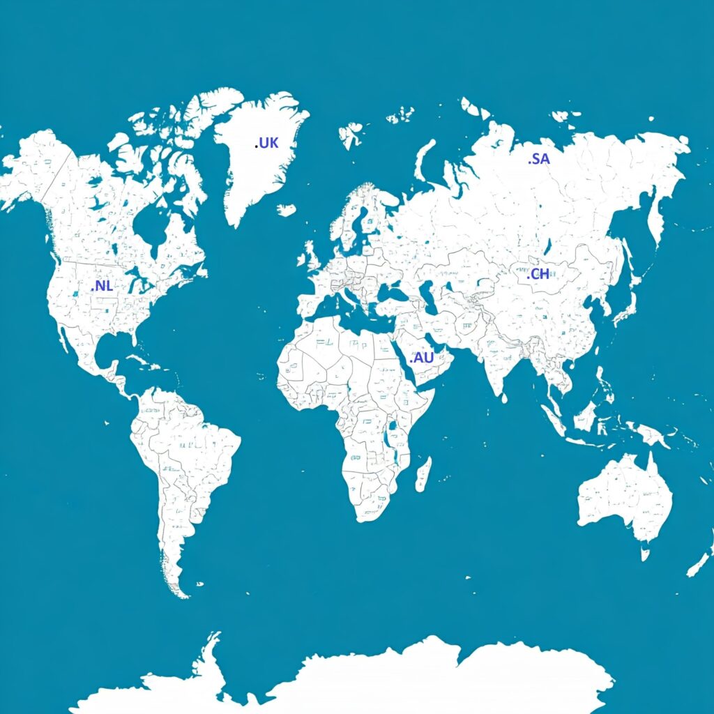 A world map with different domain extensions (ccTLDs) appearing over their respective countries