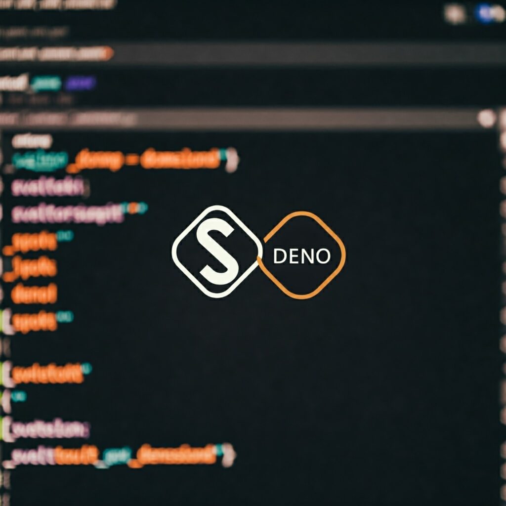 SvelteKit and Deno logos intertwined, symbolizing their integration, with a code editor in the background.