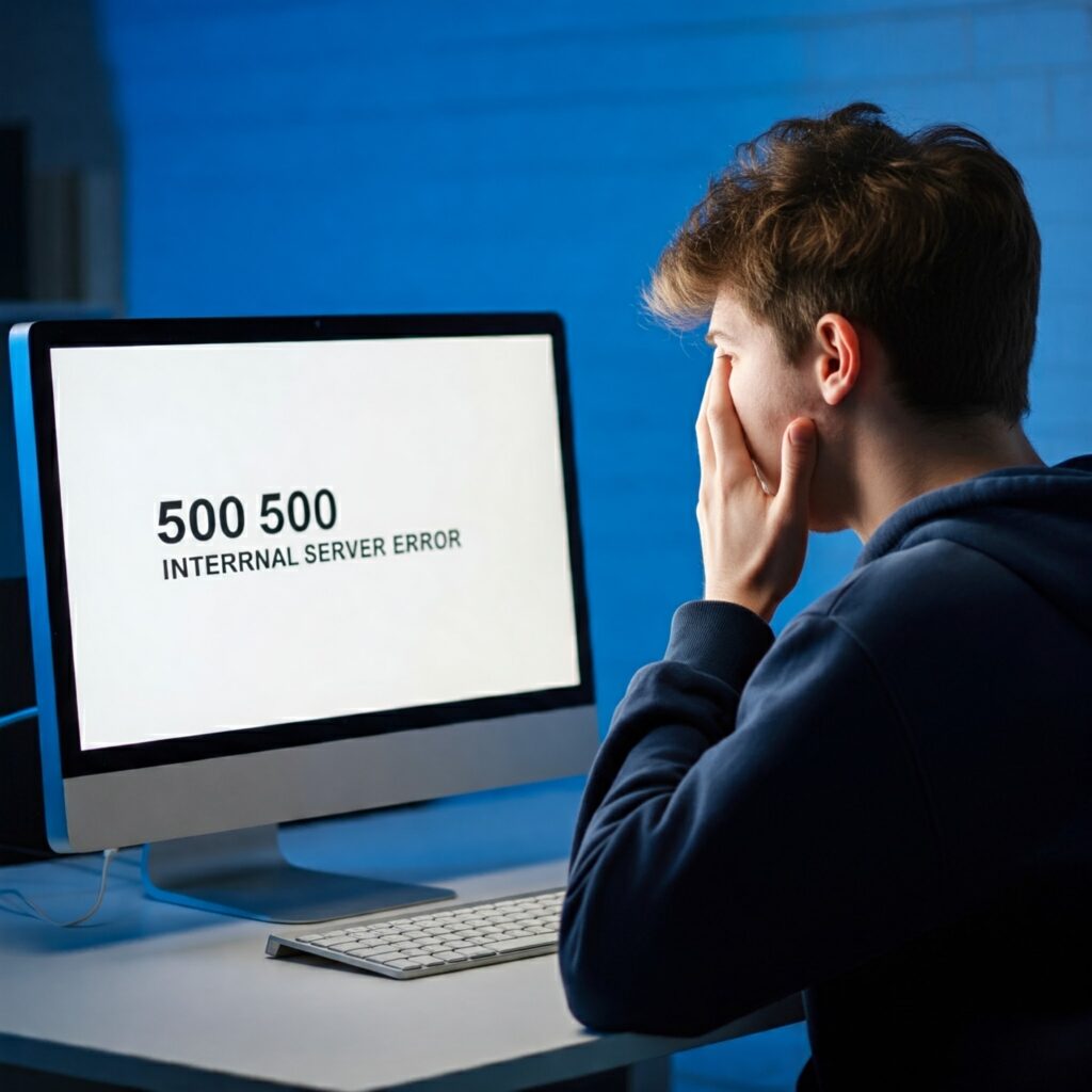 A frustrated person in front of computer screen facing error 500 internal error of website.