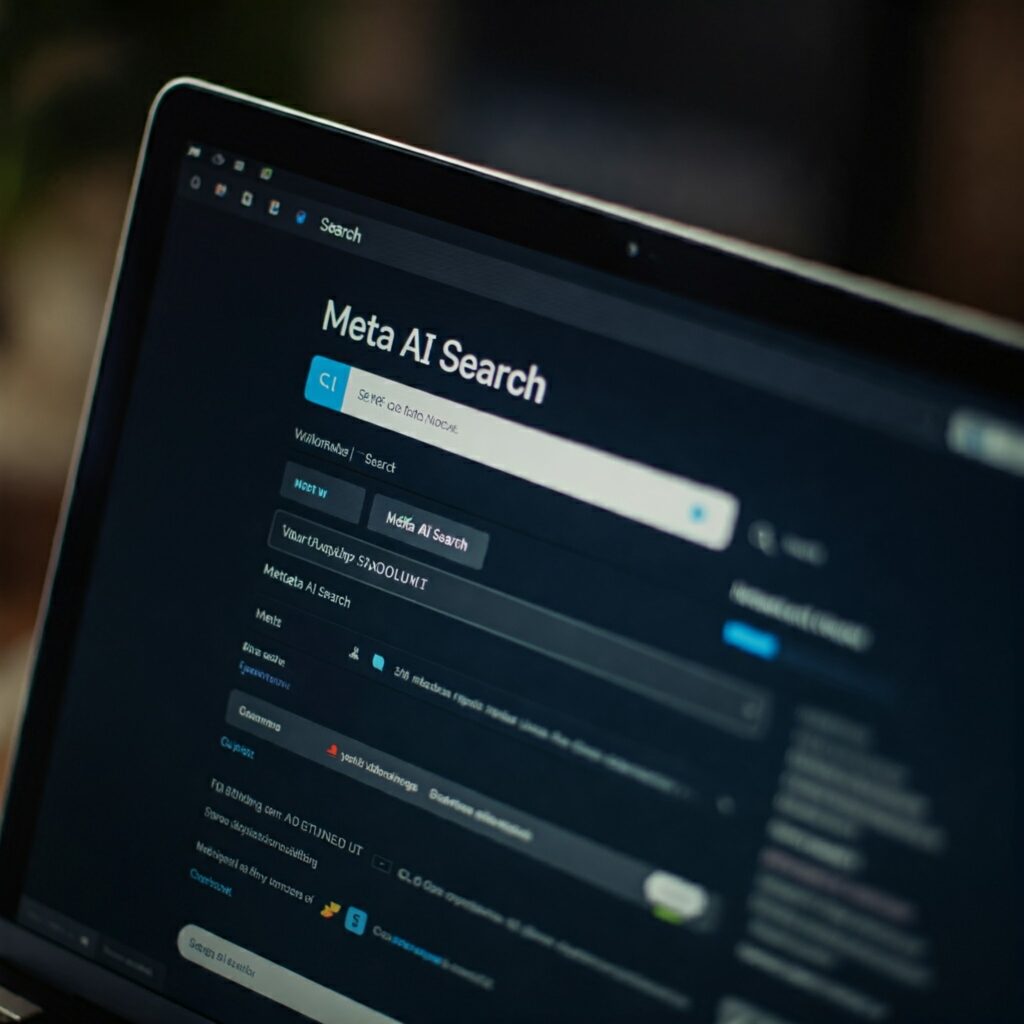 A computer screen displaying a search engine results page with the words "Meta AI Search" prominently displayed at the top.