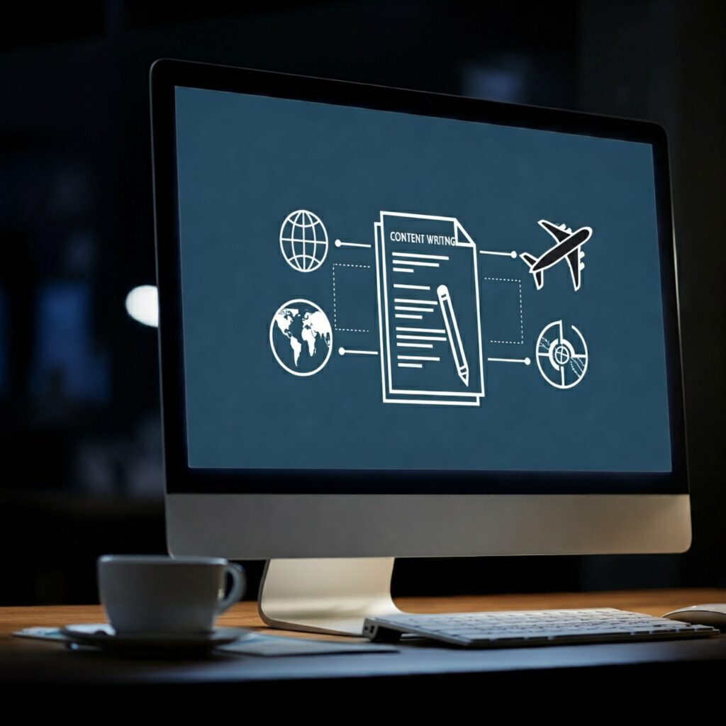 Computer screen with a document titled 'Content Writing' and icons representing international marketing.