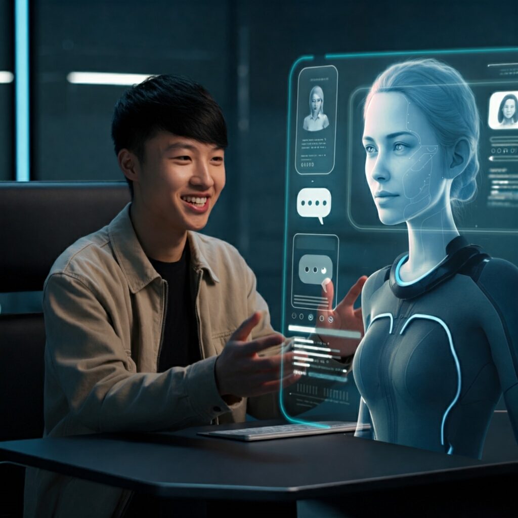 A futuristic image of a person conversing with a holographic AI assistant, representing the advanced capabilities of conversational agents.