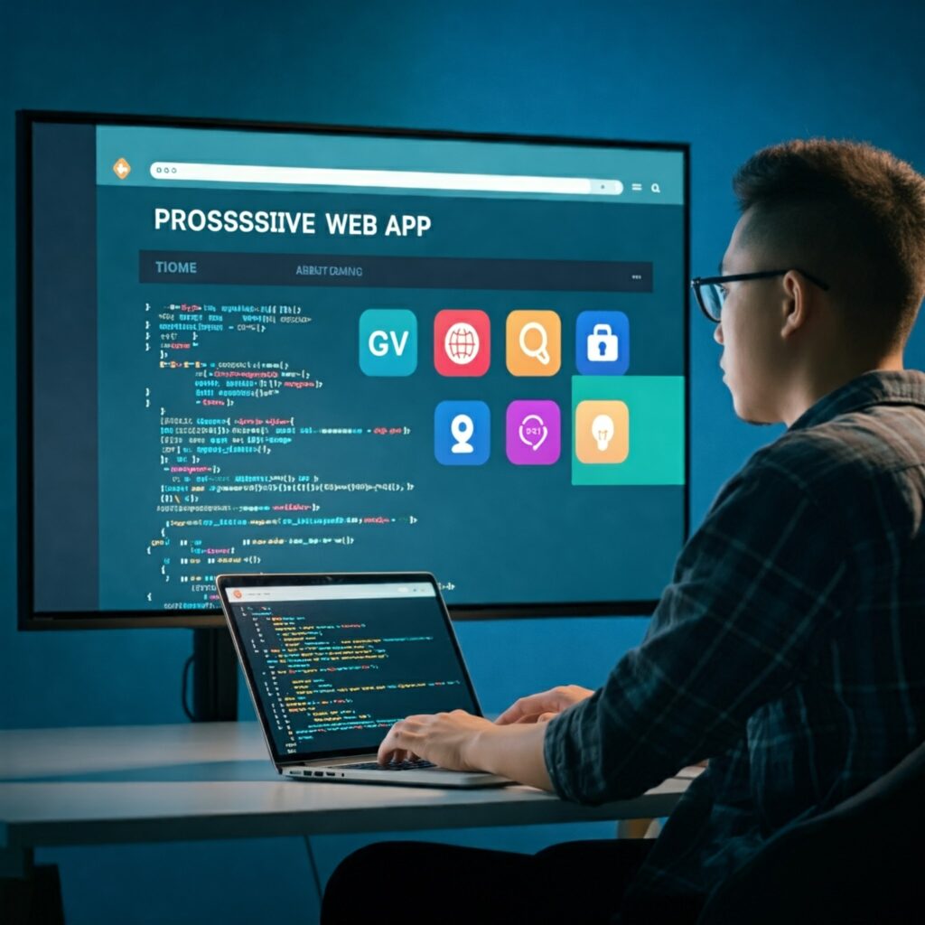 A programmer with a fade haircut works on a laptop with a large LCD screen in the background displaying progressive web app icons and website code.