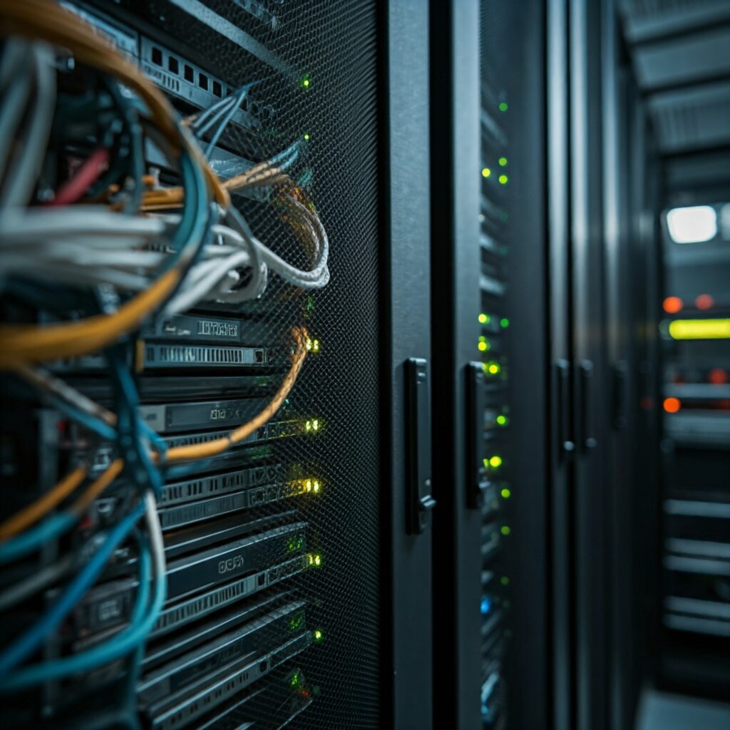 A server rack with glowing lights and connected cables, symbolizing a data center where websites are hosted.
