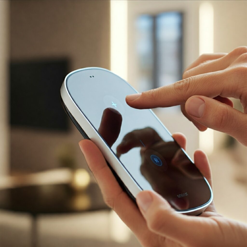 A person interacting with a smart home device, controlling lights and appliances.