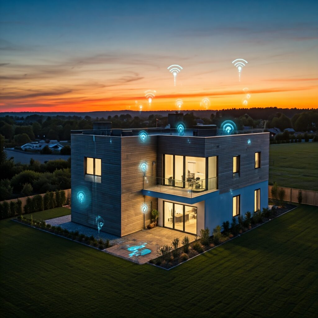 A futuristic smart home with interconnected devices like lights, thermostats, appliances, and security systems, showcasing the IoT in action