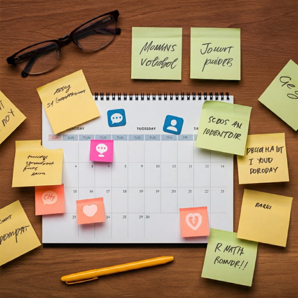A desk with a calendar, sticky notes, and social media icons.