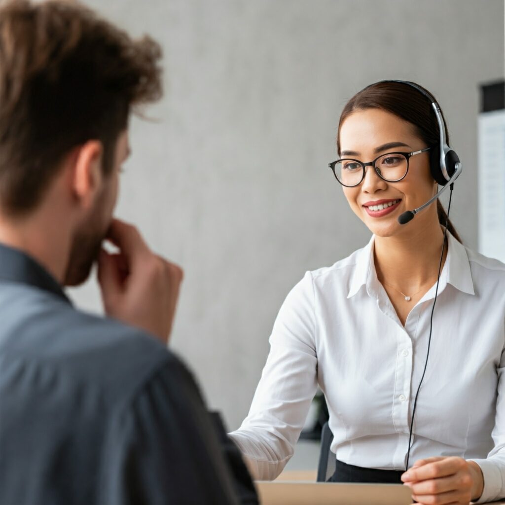 Customer support representative helping a website owner.