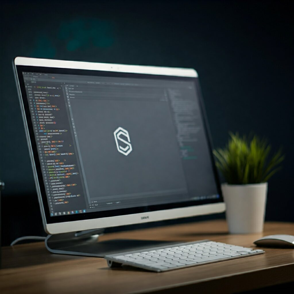 SvelteKit logo on a computer screen with code snippets and design elements