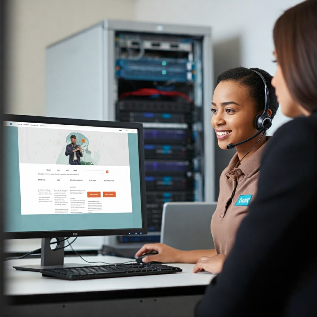 A friendly customer support representative helping a customer with a website issue, with a computer screen and hosting server in the background