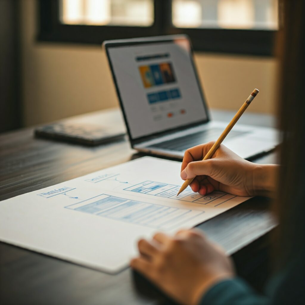 A person sketching a website layout on a piece of paper, with a laptop displaying a colorful website design beside them.