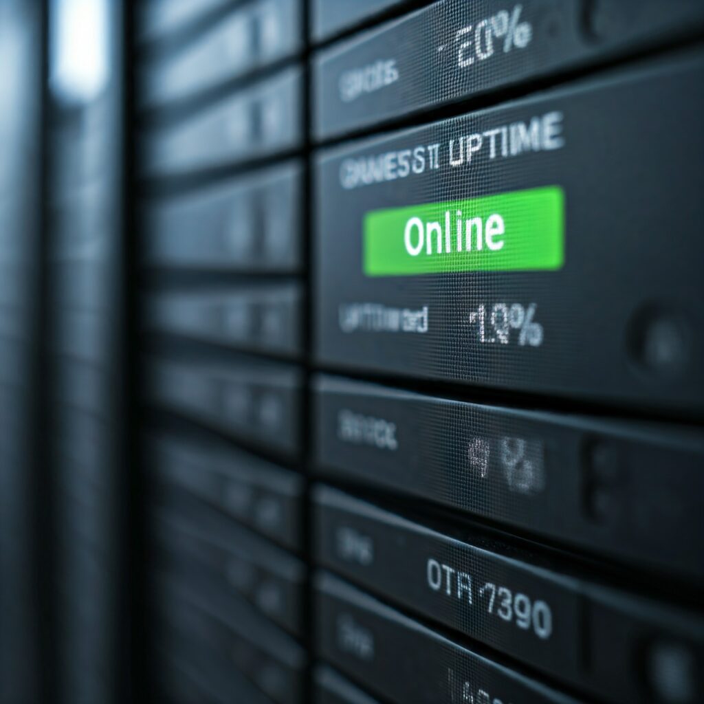 A detailed close-up shot of a website or server with a green "online" indicator and a high uptime percentage, taken with a Canon EOS R5 camera, in focus, with a blurred background.