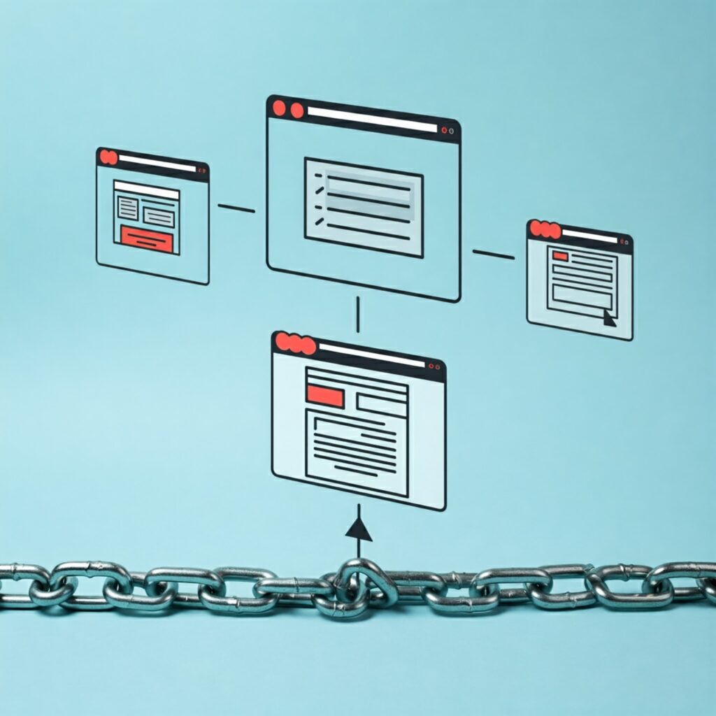 A chain links to a website, symbolizing backlinks connecting web pages.