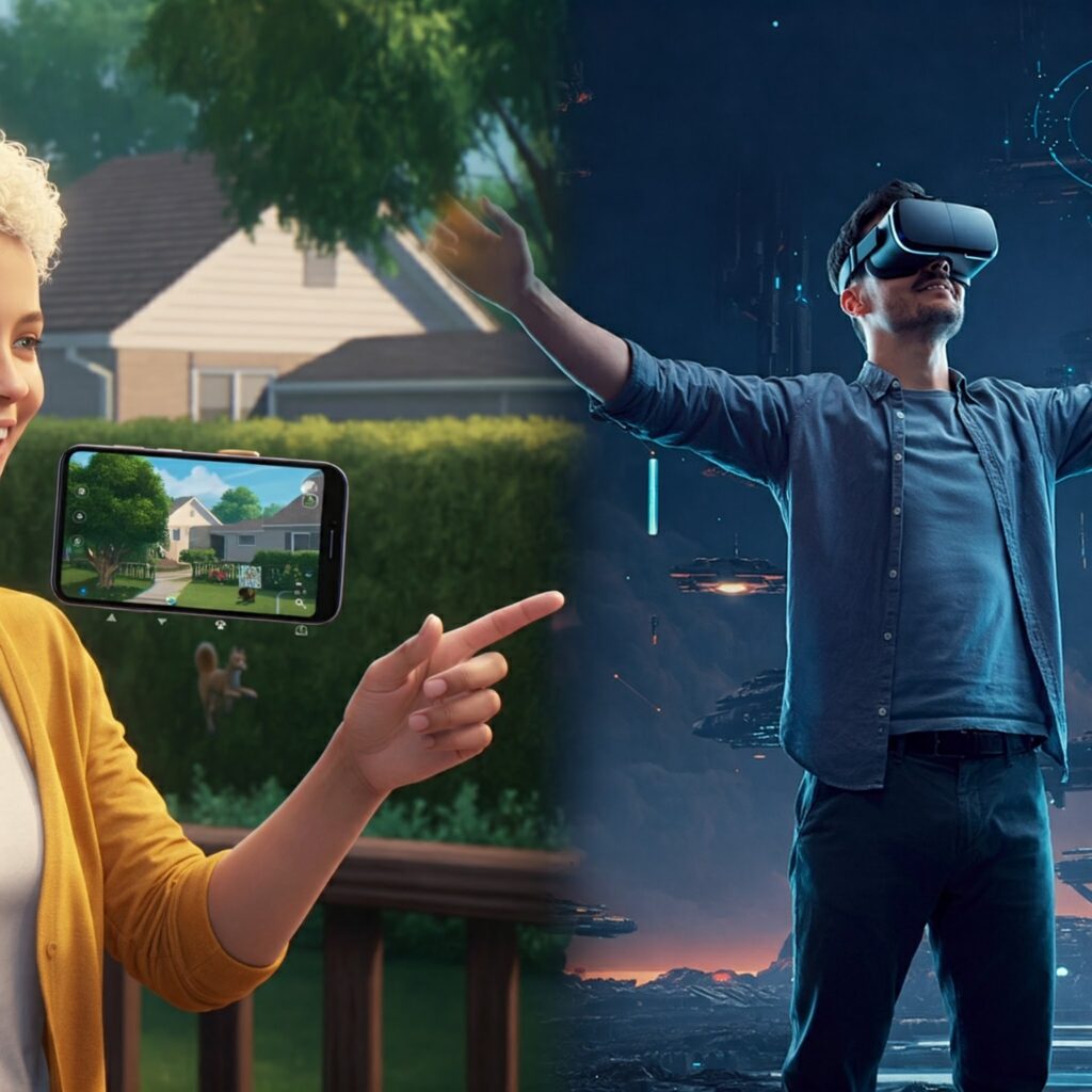 Comparison of Augmented Reality (AR) and Virtual Reality (VR) technologies, showcasing their different applications and user experiences.