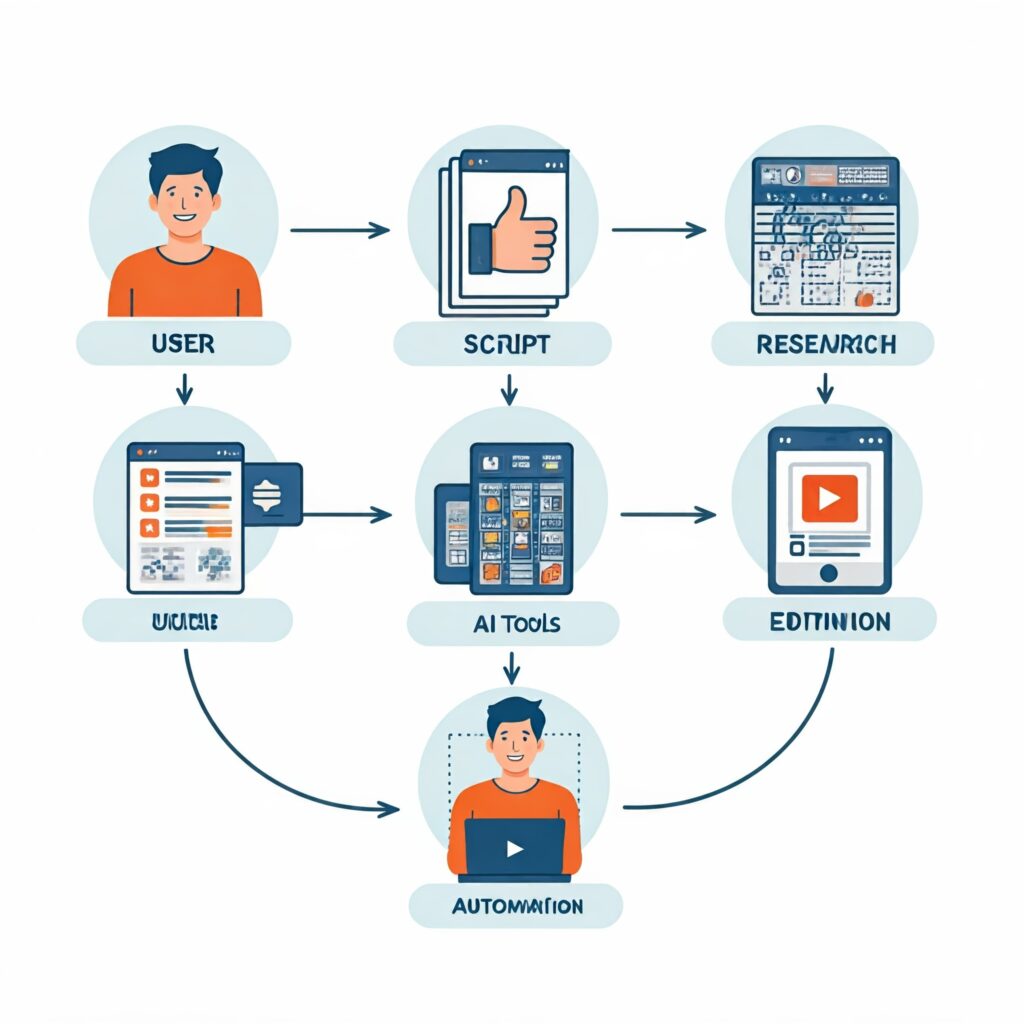 A flowchart illustrating the YouTube automation process, starting with a user, then progressing through script creation, AI tool usage, and ending with automated video production.