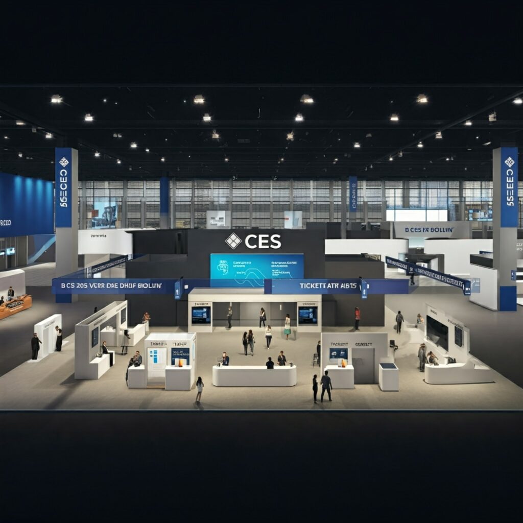 A detailed floor plan of CES 2025 exhibition hall, highlighting the location of ticket booths and counters with clear signage.
